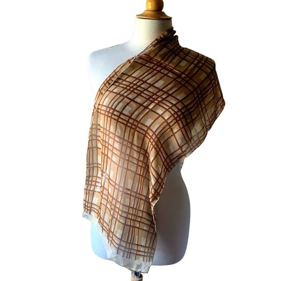 Vintage NOS ECHO Rectangular Brown Tan Silk Scarf Hand Rolled Hem - Picture 6 of 9